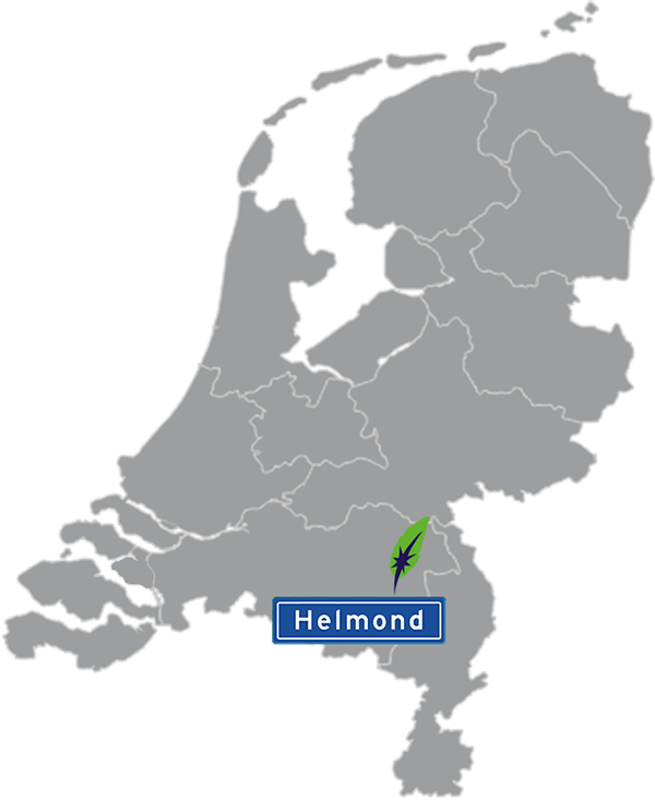 Grijze kaart van Nederland met Helmond aangegeven voor maatwerk taalcursus Spaans zakelijk - blauw plaatsnaambord met witte letters en Dagnall veer - transparante achtergrond - 600 * 733 pixels